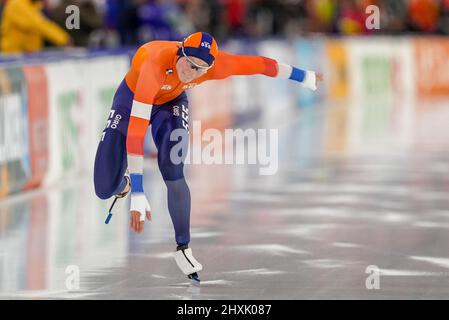 HEERENVEEN, PAESI BASSI - MARZO 13: Gareggiare nei 500m uomini durante la finale di Skating della Coppa del mondo ISU al Thialf il 13 Marzo 2022 a Heerenveen, Paesi Bassi (Foto di Douwe Bijlsma/Orange Pictures) Foto Stock