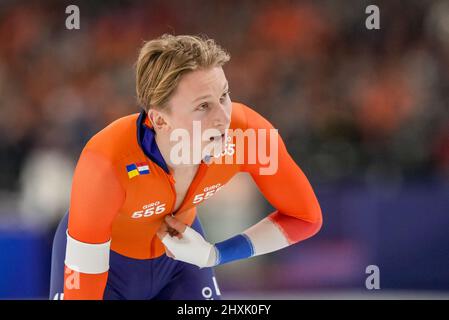 HEERENVEEN, PAESI BASSI - MARZO 13: Gareggiare nei 500m uomini durante la finale di Skating della Coppa del mondo ISU al Thialf il 13 Marzo 2022 a Heerenveen, Paesi Bassi (Foto di Douwe Bijlsma/Orange Pictures) Foto Stock