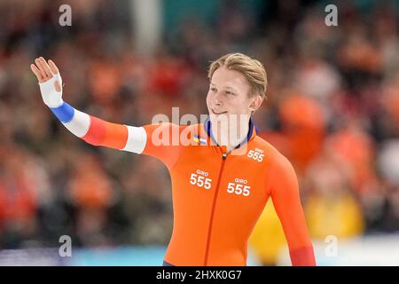 HEERENVEEN, PAESI BASSI - MARZO 13: Gareggiare nei 500m uomini durante la finale di Skating della Coppa del mondo ISU al Thialf il 13 Marzo 2022 a Heerenveen, Paesi Bassi (Foto di Douwe Bijlsma/Orange Pictures) Foto Stock