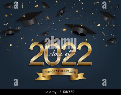 Classe di graduazione di 2022 con cappello graduato e confetti. Illustrazione vettoriale Illustrazione Vettoriale