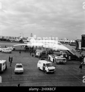 Voli commerciali inaugurali del Concorde supersonico il 21st gennaio 1976, sette anni dopo il primo volo di prova.un volo British Airways lasciato dall'aeroporto di Heathrow, Londra, al Bahrain in Medio Oriente, come l'altro, un volo Air France, è decollato simultaneamente alle 11,40 dall'aeroporto di Orly, Parigi per Rio de Janeiro via Dakar, Senegal. Foto mostra: L'aereo che viene caricato all'aeroporto di Heathrow, prima del volo inaugurale per il Bahrain. 21st gennaio 1976. Foto Stock