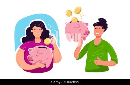 Concetto di risparmio di denaro. Monete e cartoon bancario piggy illustrazione vettoriale Illustrazione Vettoriale