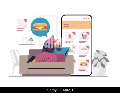 donna araba ordinare e acquistare cibo in app mobile sullo schermo dello smartphone online shopping fast food online shop concept Illustrazione Vettoriale