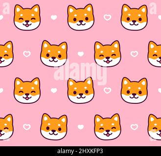 Carino fumetto Shiba Inu cane modello. Il cucciolo di Kawaii si affaccia su uno sfondo rosa con spaghetti di cuore. Semplice illustrazione vettoriale. Illustrazione Vettoriale