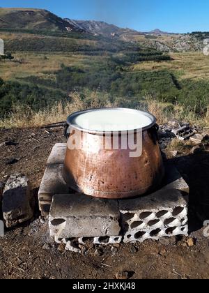 Latte fresco in un grande contenitore di ottone che viene bollito come il primo passo nella preparazione del formaggio. Foto Stock