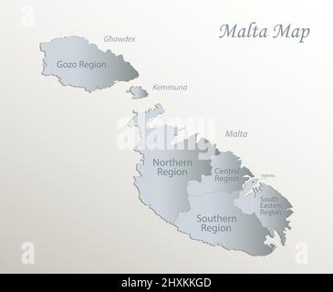 Mappa delle regioni di Malta con nomi, carta bianca blu da cartoncino vettoriale 3D Illustrazione Vettoriale