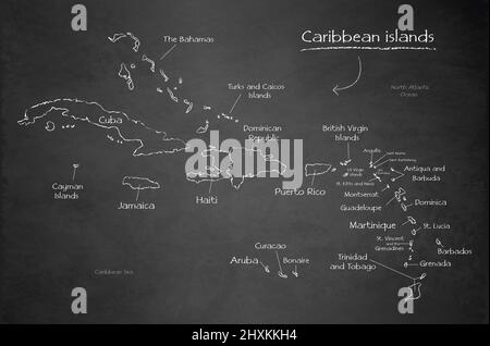 Isole Caraibi con nomi, scheda di disegno lavagna vettore Illustrazione Vettoriale