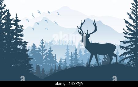 Banner orizzontale. Silhouette di cervi in piedi su erba collina. Montagne e foreste sullo sfondo. Magico paesaggio, alberi, animali. Blu Illustrazione Vettoriale