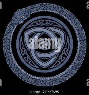 Design vintage. Un serpente di Ouroboros spiralato che cuocia la propria coda e l'antico motivo celtico Illustrazione Vettoriale