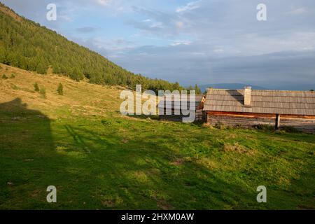 Assemblaggio di capanne su Vordere Goeriacher Alm a Niedere Tauern, Salisburgo, Austria Foto Stock