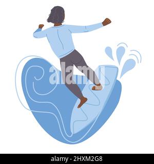 Surfer maschile di pelle scura in muta che cavalcano sull'onda dell'oceano. Sport acquatici estivi con surf, surf club o scuola, hobby attivo illustrazione vettoriale Illustrazione Vettoriale