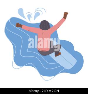 Surfer maschile di pelle scura in muta che cavalcano sull'onda dell'oceano. Sport acquatici estivi con surf, surf club o scuola, hobby attivo illustrazione vettoriale Illustrazione Vettoriale