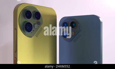 Vista ravvicinata dei moduli di lenti per fotocamere digitali degli smartphone in metallo color giallo e blu, modello 3D, rendering 3D Foto Stock