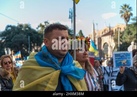 Roma, Italia. 13th Mar 2022. Roma 13 marzo 2022: Manifestazione organizzata dall'Associazione cristiana degli ucraini contro la guerra credito: Agenzia indipendente di Foto/Alamy Live News Foto Stock