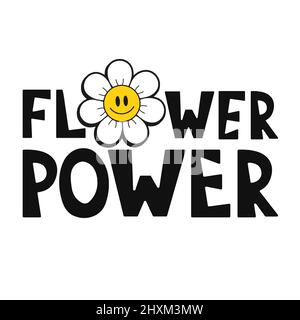 Smile emoji faccia in fiore t-shirt stampa design.Flower potere slogan.Vector disegnata a mano alla moda cartoon logo Illustration.Hippie sorriso faccia,60s,70s,groovy moda stampa per t-shirt, poster concetto Illustrazione Vettoriale