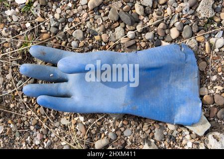 Inquinamento. Guanto di gomma scartato, lavato sulla spiaggia di North Gare, vicino Hartlepool, Teesside, Regno Unito. Foto Stock