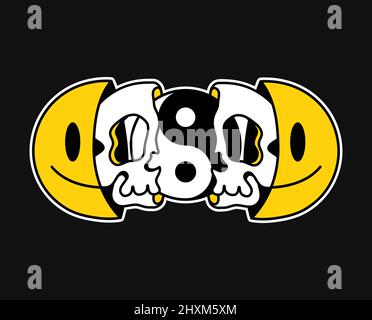 Due metà del sorriso faccia con cranio e Yin Yang dentro. Vettore disegnata a mano Doodle 90s stile cartoon personaggio illustrazione. Faccia del sorriso trippy, Yin Yang, stampa del cranio per t-shirt, poster, concetto della scheda Illustrazione Vettoriale