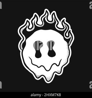 Smile fondere faccia con diavolo corna bruciare in fuoco t-shirt stampa design. Vettoriale disegno a mano di un fumetto alla moda. Smile Melt Face, demone, inferno, stampa techno per t-shirt, poster concept Illustrazione Vettoriale