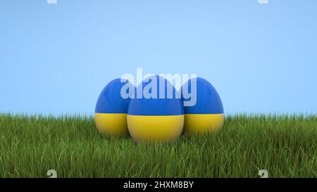 Tre uova sullo sfondo di erba verde per la festa della Pasqua nei colori della bandiera nazionale di Ucraina 3D rendering Foto Stock