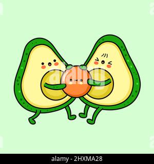 Carino divertente avocado tirando seme.Vector disegnata a mano cartoon doodle kawaii personaggio icona illustrazione. Avocado, cibo sano fumetto concetto di carattere Illustrazione Vettoriale