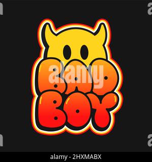 Emoji con corna diaboliche stampate per il concetto di t-shirt. Cita del ragazzo difettoso. Vettore disegnata a mano linea di doodle illustrazione cartoon. Bad boy,demone,diavolo Horn stampa per t-shirt, poster,adesivo,copertina,badge concetto Illustrazione Vettoriale