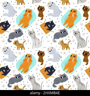 Cute gatti modello senza cuciture. Razze diverse kitties. Divertenti animali domestici e stampe di zampe. Varie pose. Gattino seduto in scatola o sdraiato su cuscino. Punteggiato o. Illustrazione Vettoriale