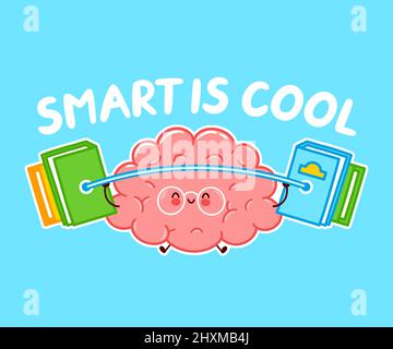 Smart è cool citazione slogan.Cute divertente cervello umano organo personaggio formazione con libri barbell. Vettore linea piatta cartoon kawaii carattere icona illustrazione. Concetto di logo del personaggio del treno di organi cerebrali Illustrazione Vettoriale