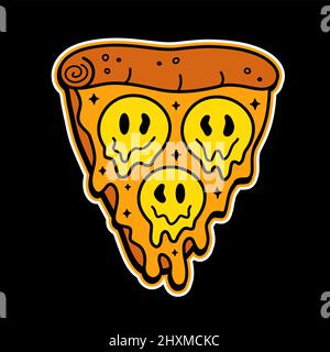 Fetta di pizza con stampa t-shirt del viso Melt Smile. Vettore linea doodle cartoon personaggio Illustration.Pizza, trippy sorriso faccia, acido stampa su poster, t-shirt, logo concetto Illustrazione Vettoriale