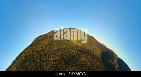 Vista aerea dall'alta quota del piccolo pianeta terra all'alba coperto da foresta sempreverde e alte vette di montagna. Foto Stock