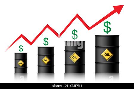 Il prezzo del petrolio sta aumentando. Barili di petrolio, dollaro e infografica con una freccia rossa verso l'alto. Concetto di aumento dei prezzi del greggio, vettore illustrazione isolare Illustrazione Vettoriale