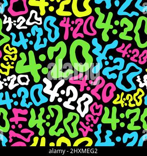 Carta da parati deformata ondulato a 420 numeri senza giunture pattern.Vector graphic character illustration.420 caratteri trippy, erbacce, rasta, cannabis, marijuana senza giunture pattern wallpaper printing concept Illustrazione Vettoriale