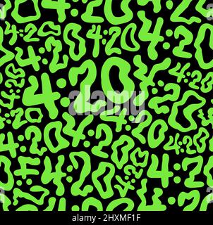 Carta da parati deformata ondulato a 420 numeri senza giunture pattern.Vector graphic character illustration.420 caratteri trippy, erbacce, rasta, cannabis, marijuana senza giunture pattern wallpaper printing concept Illustrazione Vettoriale