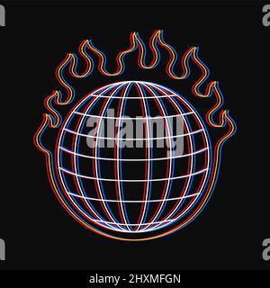 Globo terra sfera griglia bruciare in t-shirt a fuoco stampa. Vettore disegno a mano stile linea cartoon carattere illustrazione del logo. Burn terra spere pianeta, bruciare, fuoco, meridiano griglia stampa per poster, logo, T concetto Illustrazione Vettoriale