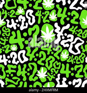 Carta da parati deformata ondulato a 420 numeri senza giunture pattern.Vector graphic character illustration.420 caratteri trippy, erbacce, rasta, cannabis, marijuana senza giunture pattern wallpaper printing concept Illustrazione Vettoriale