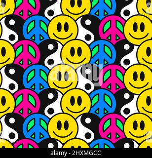 Yin Yang, segno di pace hippie e sorriso faccia senza cuciture pattern.Vector illustrazione di carattere cartoon disegnata a mano. Yin Yang, sorriso faccia, hippie pace simbolo senza cuciture modello carta da parati concetto di stampa Illustrazione Vettoriale