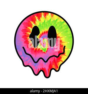 Divertente cravatta colorante psichedelico surreale fondere sorriso face.Vector tiedye cartoon personaggio illustrazione logo.Smile giallo grovy faccia cravatta colorante fuso, acido, techno, stampa trippy per t-shirt, poster, concetto di scheda Illustrazione Vettoriale