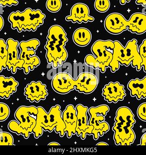 Funny Melt curvatura volti sorriso, psichedelico emoji senza cuciture pattern.Vector cool cartoon personaggio Illustration.Smile volti grafica, melt, acido, farmaci,60s,70s,90s trippy carta da parati senza cuciture modello stampa arte Illustrazione Vettoriale