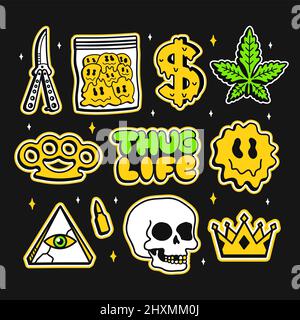THUG LIFE, sticker moda Street Graffiti. Vettore disegno a mano Doodle cartoon illustrazione linea. Street Graffiti stile, erbaccia, marijuana, coltello, droghe, cranio sticker pack concetto Illustrazione Vettoriale
