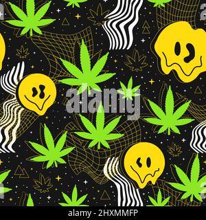 Deformazione flessibile griglia distorta nello spazio, faccia sorriso fuso, foglia di cannabis erbosa senza cuciture pattern.Vector graphic illustration.Psychedelic Melting Grid,distortion,techno,marijuana,weed stampa senza giunture pattern Illustrazione Vettoriale