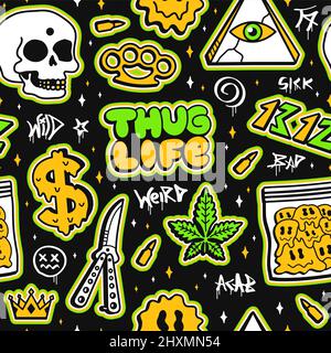 THUG LIFE, Street Graffiti stile moda senza cuciture motivo. Vettore disegno a mano Doodle cartoon illustrazione linea. Street Graffiti stile, erbacce, marijuana, coltello, droghe, cranio senza cuciture pattern Illustrazione Vettoriale