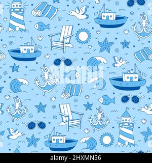 Sea,marine seamless pattern.Vector cartoon doodle stile disegnato a mano carattere illustrazione design.Vintage marinaio,mare,isola,vacanza,viaggio modello senza giunture,concetto di carta da parati Illustrazione Vettoriale