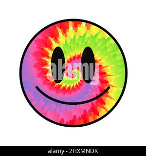 Divertente cravatta colorante psichedelico surreale sorriso face.Vector tiedye cartoon personaggio illustrazione logo.Smile giallo grovy faccia cravatta colorante sciogliere, acido, techno, stampa trippy per t-shirt, poster, concetto di scheda Illustrazione Vettoriale