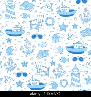 Sea,marine seamless pattern.Vector cartoon doodle stile disegnato a mano carattere illustrazione design.Vintage marinaio,mare,isola,vacanza,viaggio modello senza giunture,concetto di carta da parati Illustrazione Vettoriale