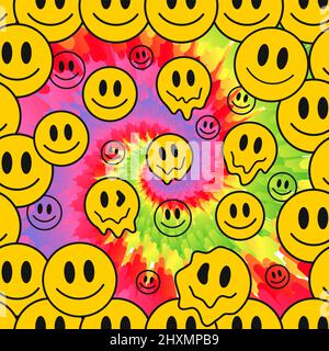 Divertente pazzo sciogliere volti sorriso, cravatta colorante senza cuciture pattern.Vector cravatta colorante pazzo cartoon personaggio Illustration.Smile hippie volti, 60s sciogliente acido, trippy, tiedye senza cuciture modello carta da parati concetto di stampa Illustrazione Vettoriale