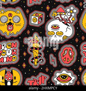 Divertente pazzo psichedelico senza cuciture pattern. Grafica vettoriale cartoon sfondo. Psichedelico, groovy, trippy, acido lsd, funghi magici stampa per un concetto di pattern senza giunture Illustrazione Vettoriale