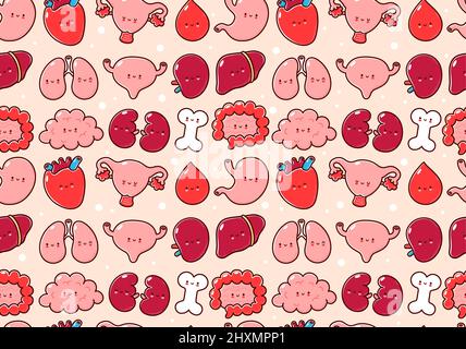 Cute organi umani carattere modello senza giunture. Linea vettoriale cartoon kawaii carattere illustrazione icona.osso, stomaco, cuore, utero, sangue, fegato, polmoni, vescica, milza, intestino, reni modello senza giunture Illustrazione Vettoriale