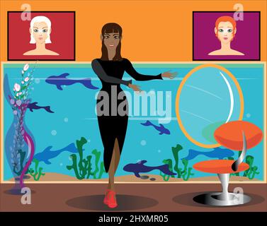 Illustrazione Salone di bellezza. Procedure cosmetiche, trucco, taglio di capelli, iniezione di bellezza, spa, messaggio. Ringiovanimento facciale laser. Bellezza e salute a tutti Illustrazione Vettoriale