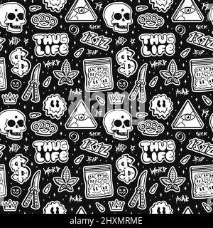 THUG LIFE, Street Graffiti stile moda senza cuciture motivo. Vettore disegno a mano Doodle cartoon illustrazione linea. Street Graffiti stile, erbacce, marijuana, coltello, droghe, cranio senza cuciture pattern Illustrazione Vettoriale