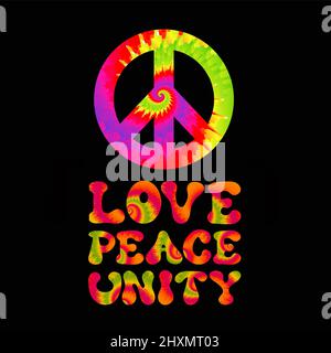 Amore,pace,unità citazione. Cravatta colorante psichedelico surreale font.Vector tiedye illustrazione logo.Love,pace,unità slogan text.60s,70s,groovy,cravatta colorante psichedelico,stampa trippy per t-shirt,poster,adesivo concetto Illustrazione Vettoriale