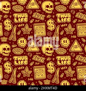 THUG LIFE, Street Graffiti stile moda senza cuciture motivo. Vettore disegno a mano Doodle cartoon illustrazione linea. Street Graffiti stile, erbacce, marijuana, coltello, droghe, cranio senza cuciture pattern Illustrazione Vettoriale